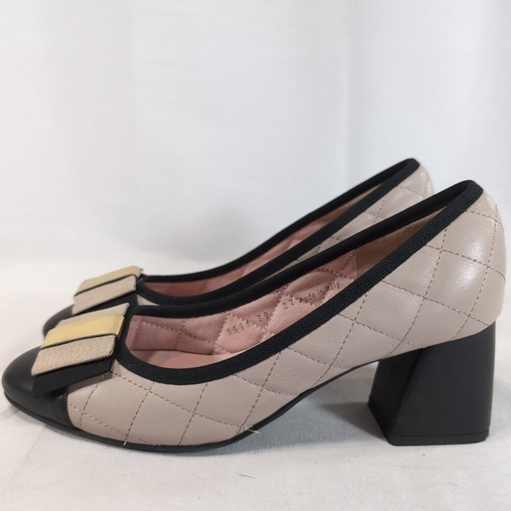 Ferca 81 Italy Leather Heels Shoes Women 39 9 Quilt Pink Black Gold Bow Cap Toe